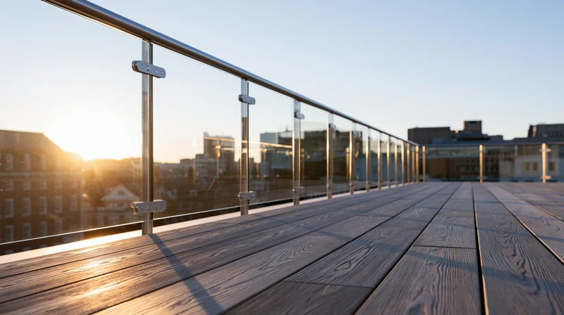 Glass railing along wooden rooftop terrace at sunset with city skyline in background