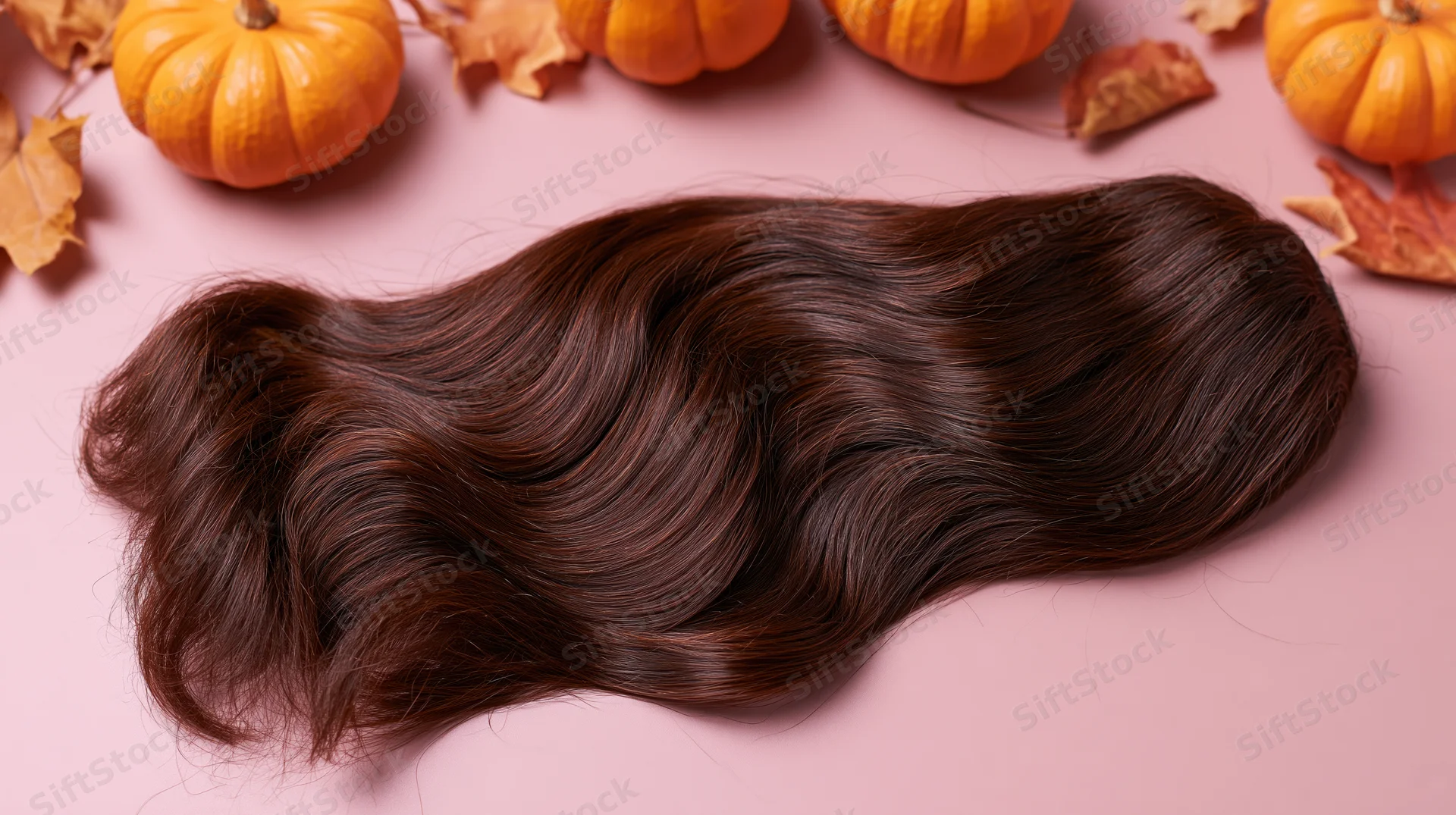 Glossy dark brown wavy hair extensions laid flat on pink surface with pumpkins and autumn leaves around