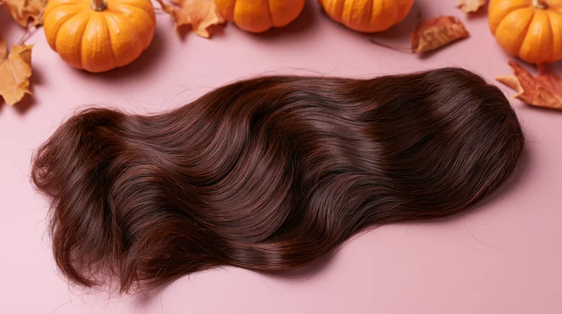 Glossy dark brown wavy hair extensions laid flat on pink surface with pumpkins and autumn leaves around