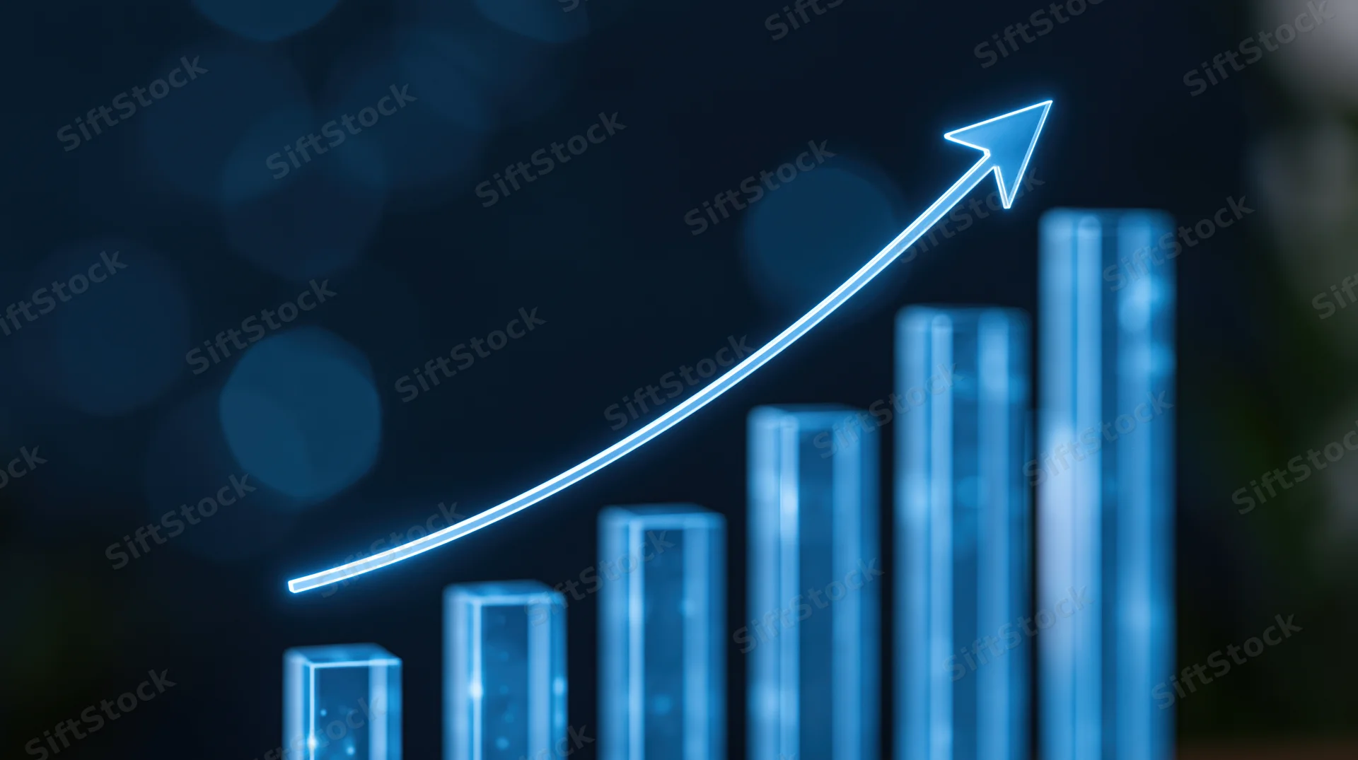 Glowing blue holographic bar chart with upward-trending arrow over dark background