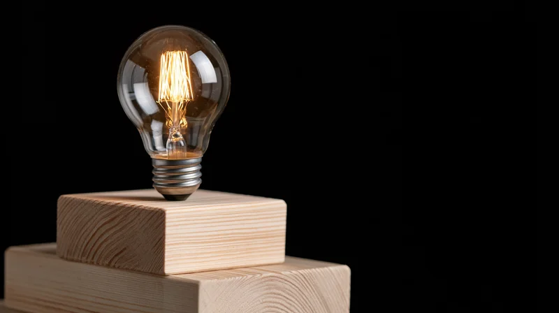 Glowing incandescent light bulb with visible filament resting on stacked wooden blocks against black background