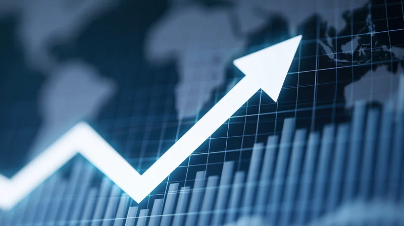 Glowing white upward arrow overlaid on digital bar chart with world map background