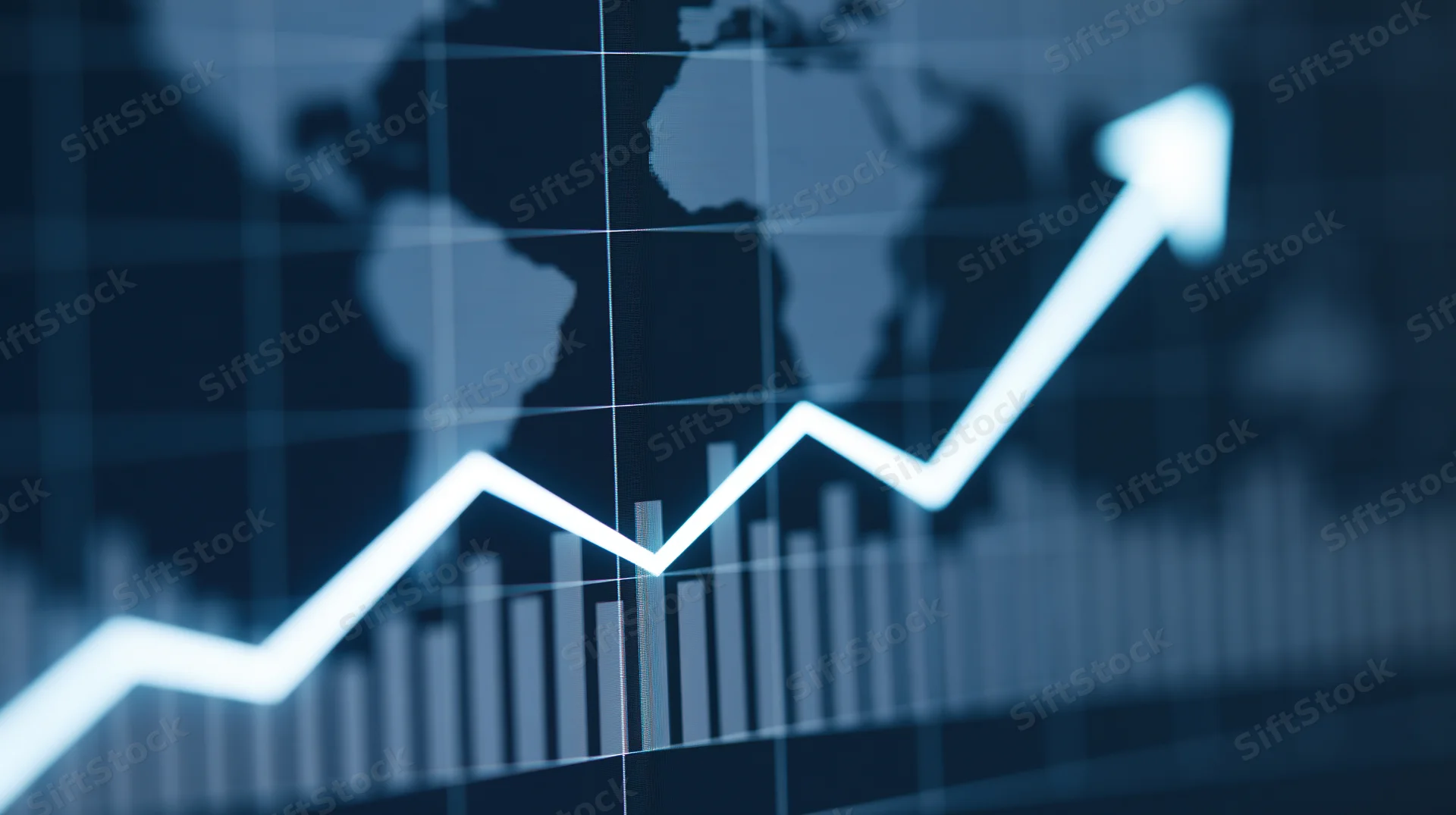 Glowing white upward arrow on digital bar graph with world map background