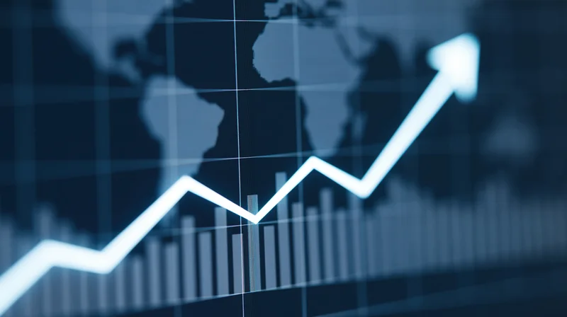 Glowing white upward arrow on digital bar graph with world map background