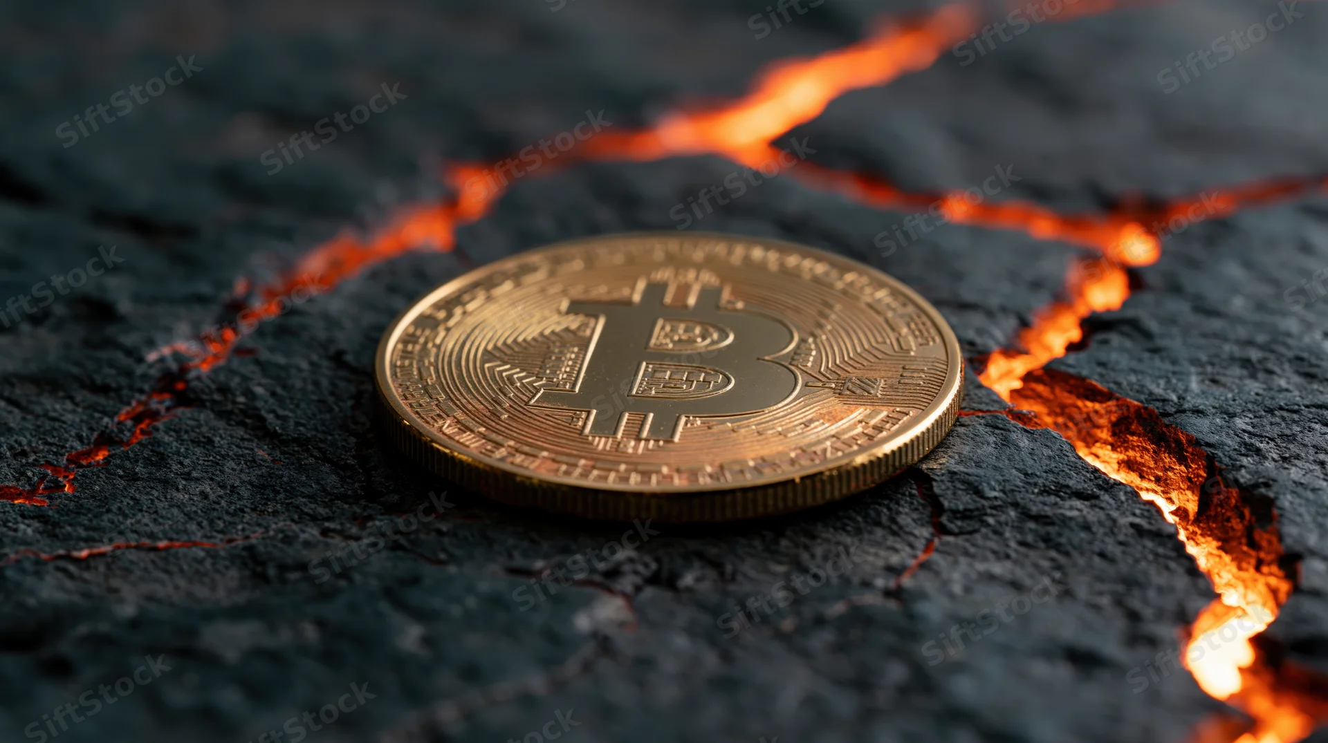 Gold bitcoin coin resting on cracked dark stone surface with glowing fissures