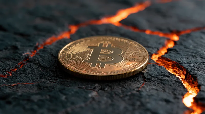 Gold bitcoin coin resting on cracked dark stone surface with glowing fissures