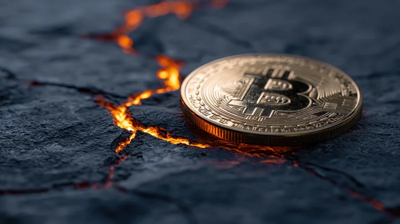Gold bitcoin coin resting on cracked dark stone surface with glowing lava fissures