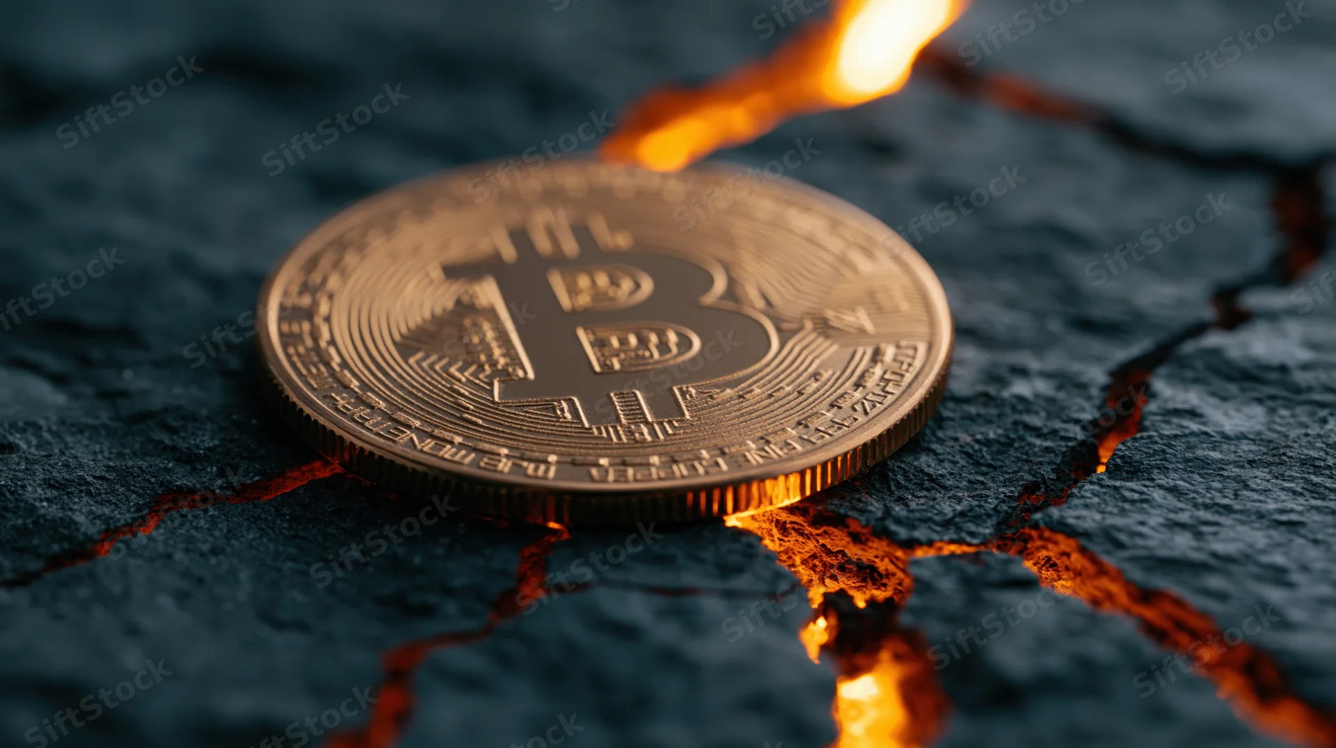 Gold bitcoin coin resting on cracked dark stone surface with glowing fissures