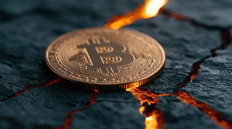 Gold bitcoin coin resting on cracked dark stone surface with glowing fissures
