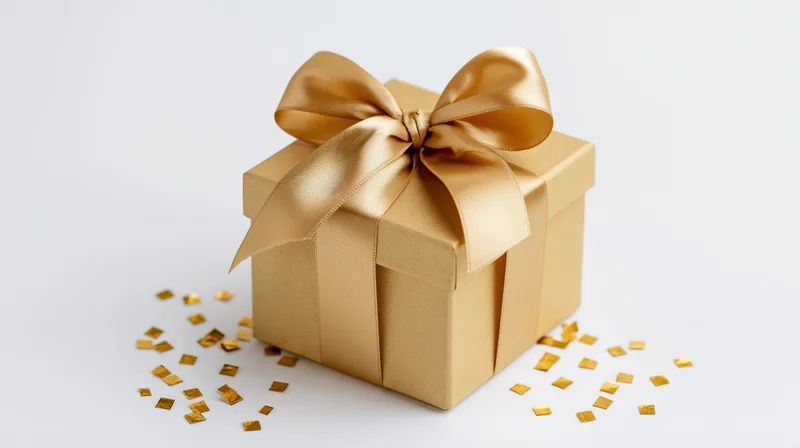 Gold gift box with satin bow and scattered confetti on white surface