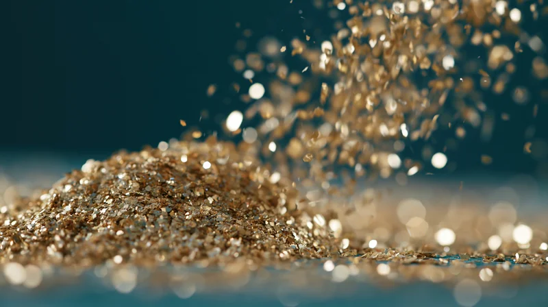 Gold glitter and confetti particles bursting upward from a pile on a dark surface