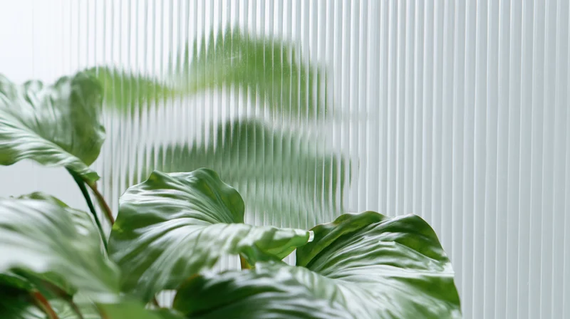Tropical houseplant leaves in front of ribbed reeded glass window