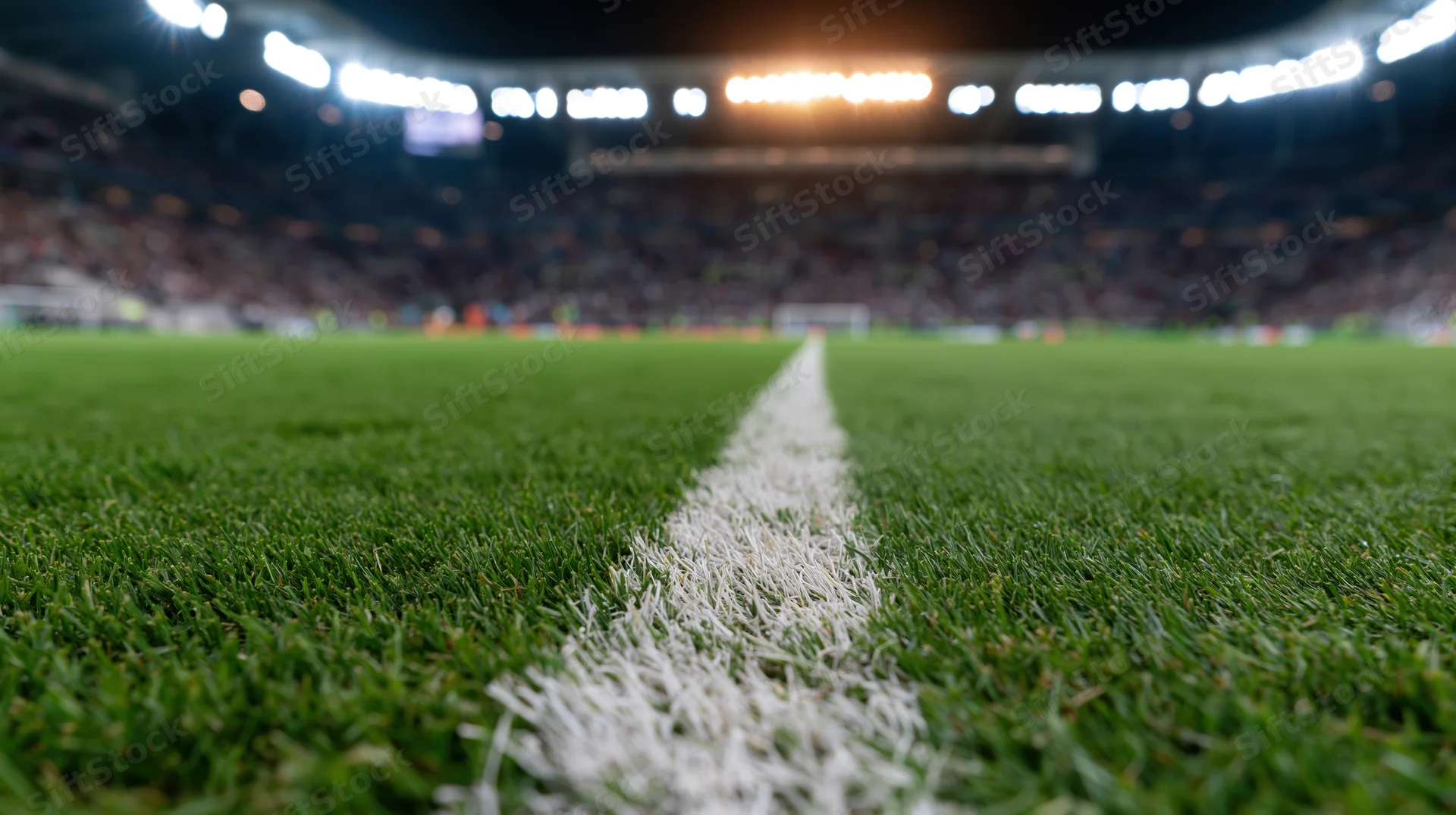 Ground-level view of football pitch center line in stadium at night