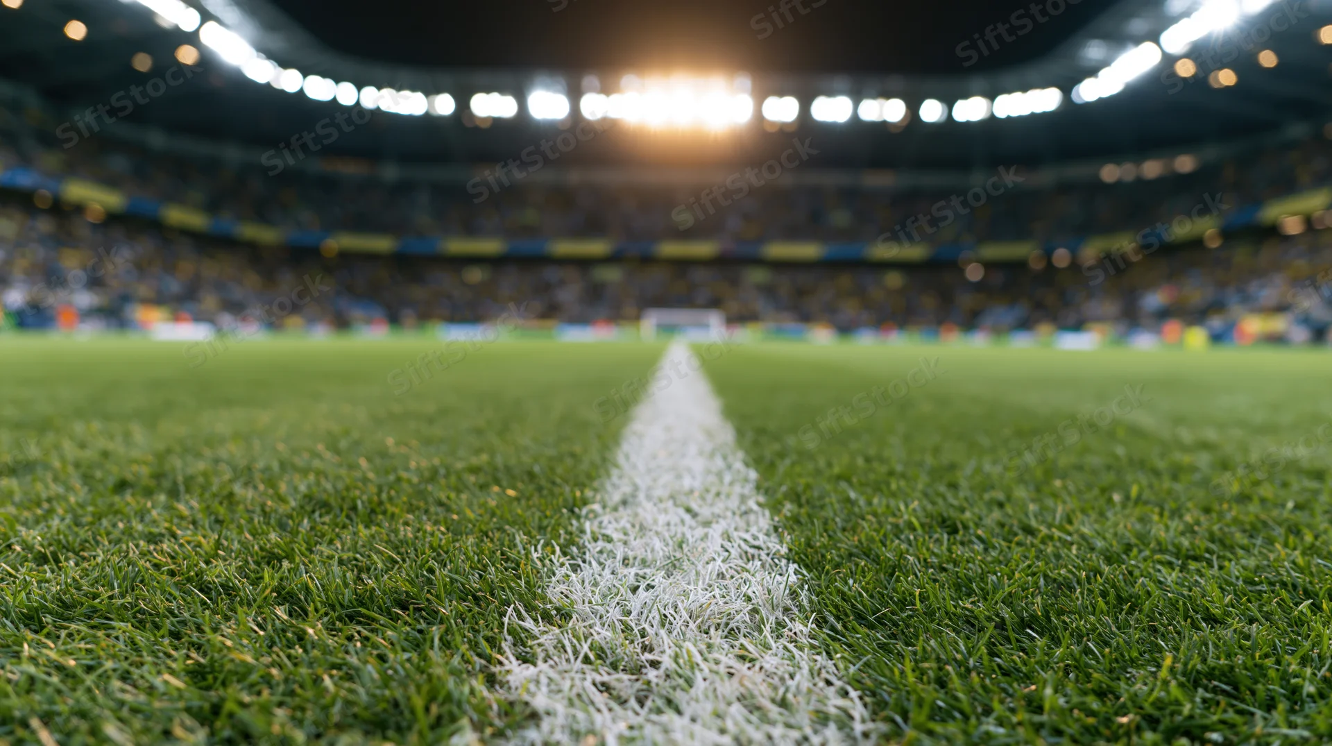 Ground-level view along the center line of a football pitch in a stadium at night