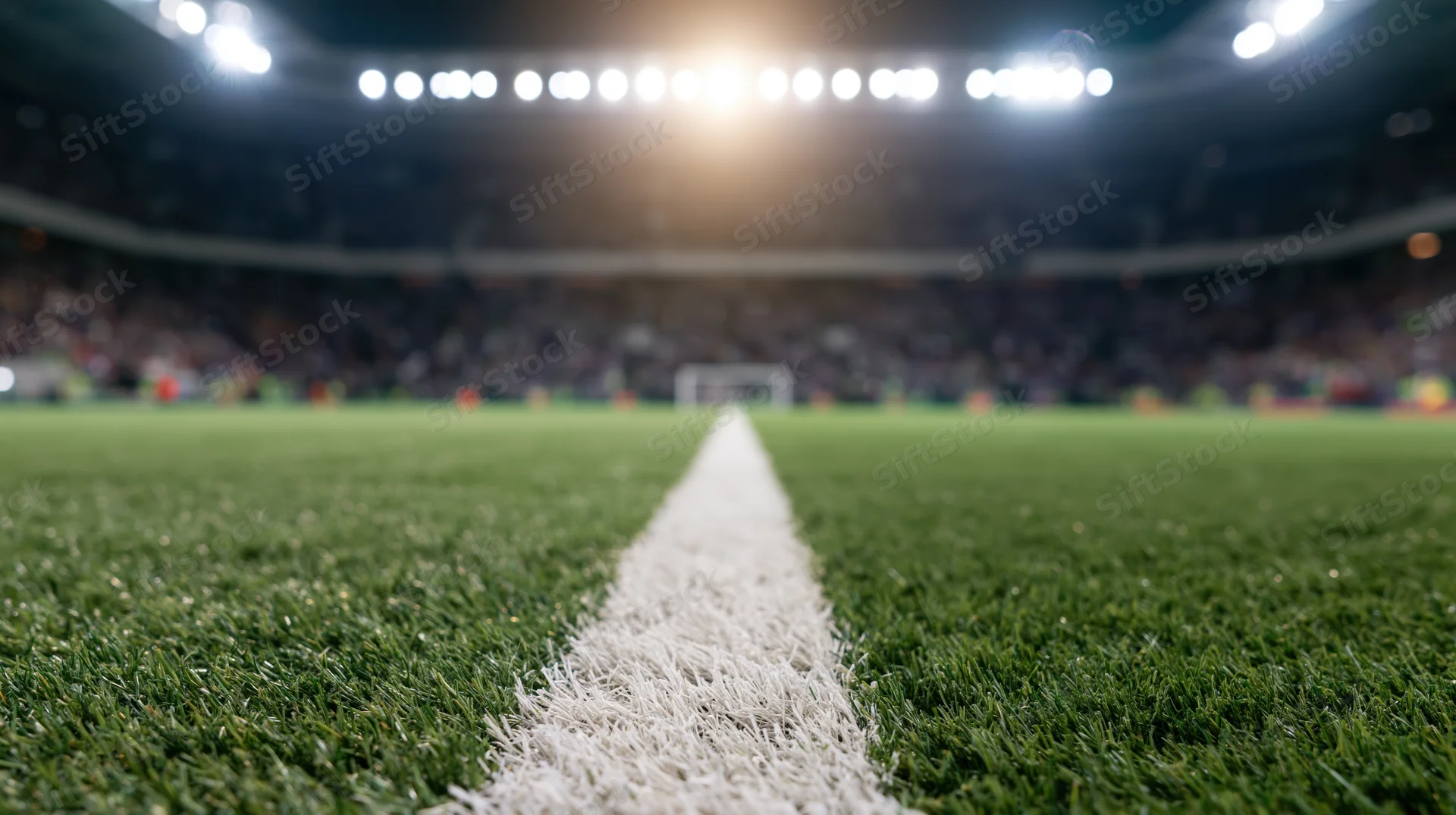 Ground-level view along the center line of a football pitch in a stadium at night