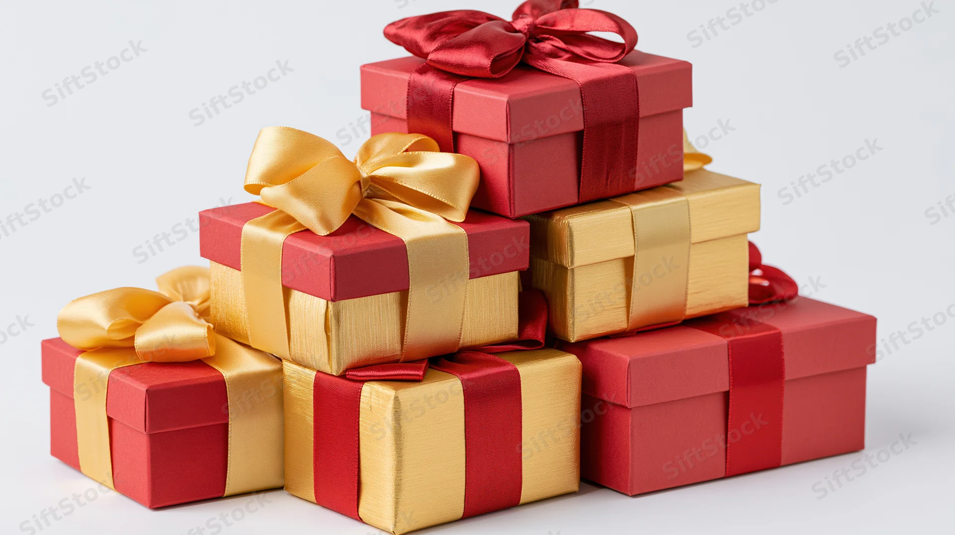 Stack of red and gold gift boxes with satin ribbons arranged together on white background