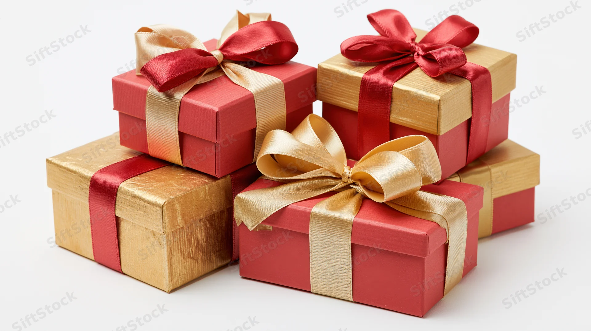 Five gift boxes wrapped in red and gold paper with satin ribbons stacked together on white background