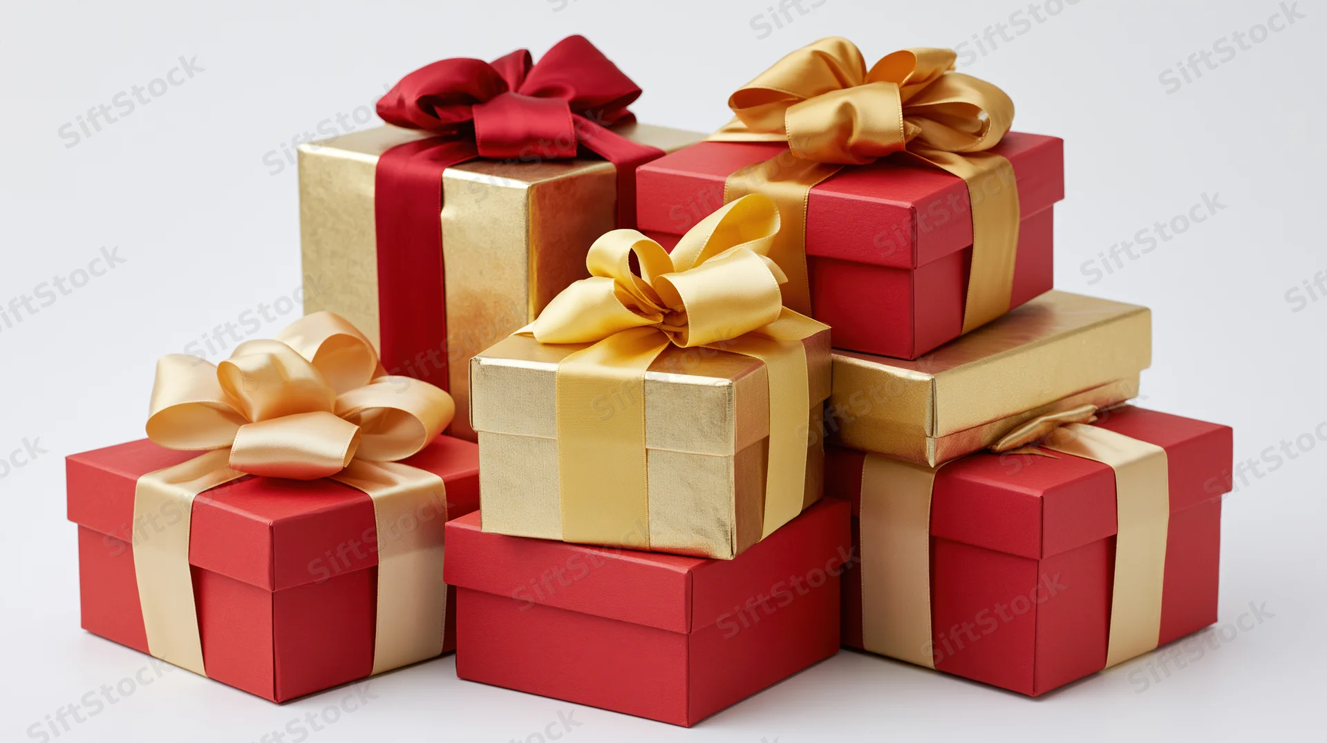 Stack of red and gold gift boxes with ribbons arranged together on white background