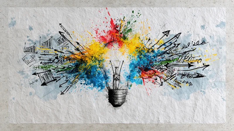 Hand-drawn lightbulb sketch with colorful splatters and arrows radiating outward on textured paper