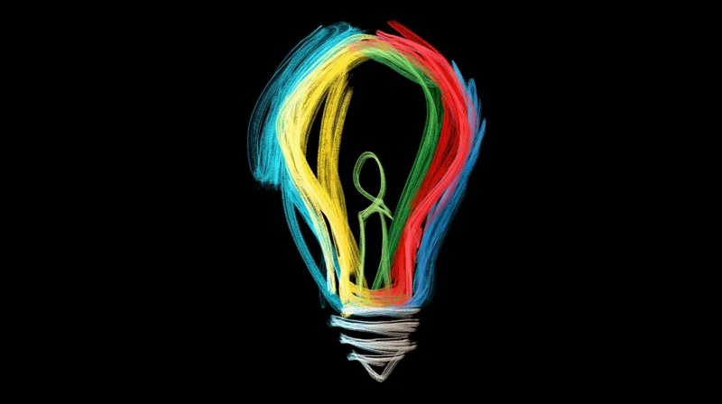 Colorful hand-drawn lightbulb sketch on black background