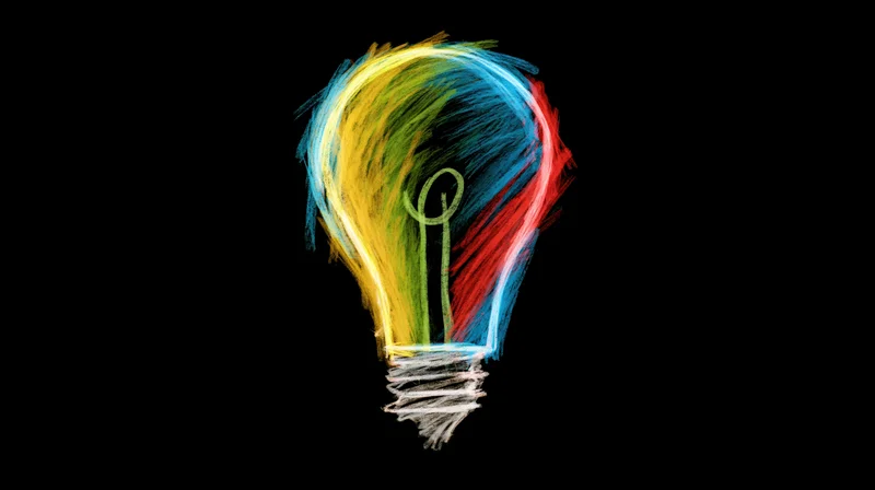 Hand-drawn colorful lightbulb sketch on black background with copyspace