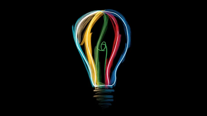Colorful lightbulb sketch with glowing multicolored strokes on black background