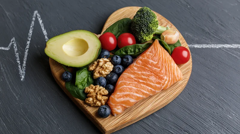 Heart-shaped wooden board with salmon, avocado, blueberries, walnuts, broccoli, tomatoes, and spinach arranged for heart-healthy eating