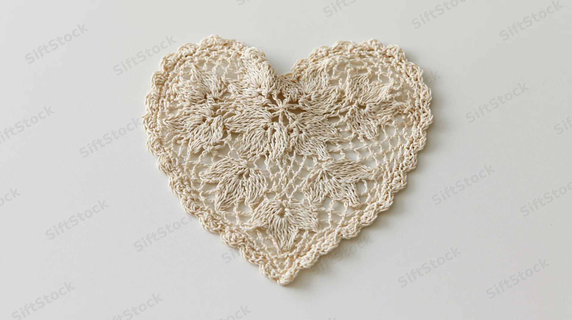 Heart-shaped crocheted lace doily laid flat on white surface