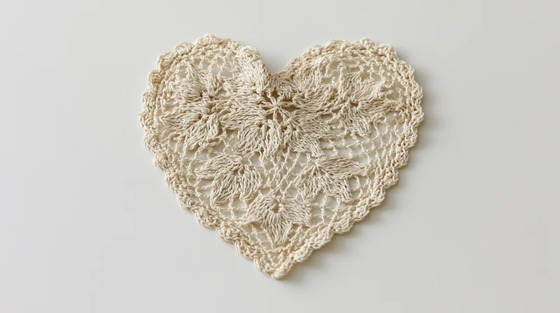 Heart-shaped crocheted lace doily laid flat on white surface