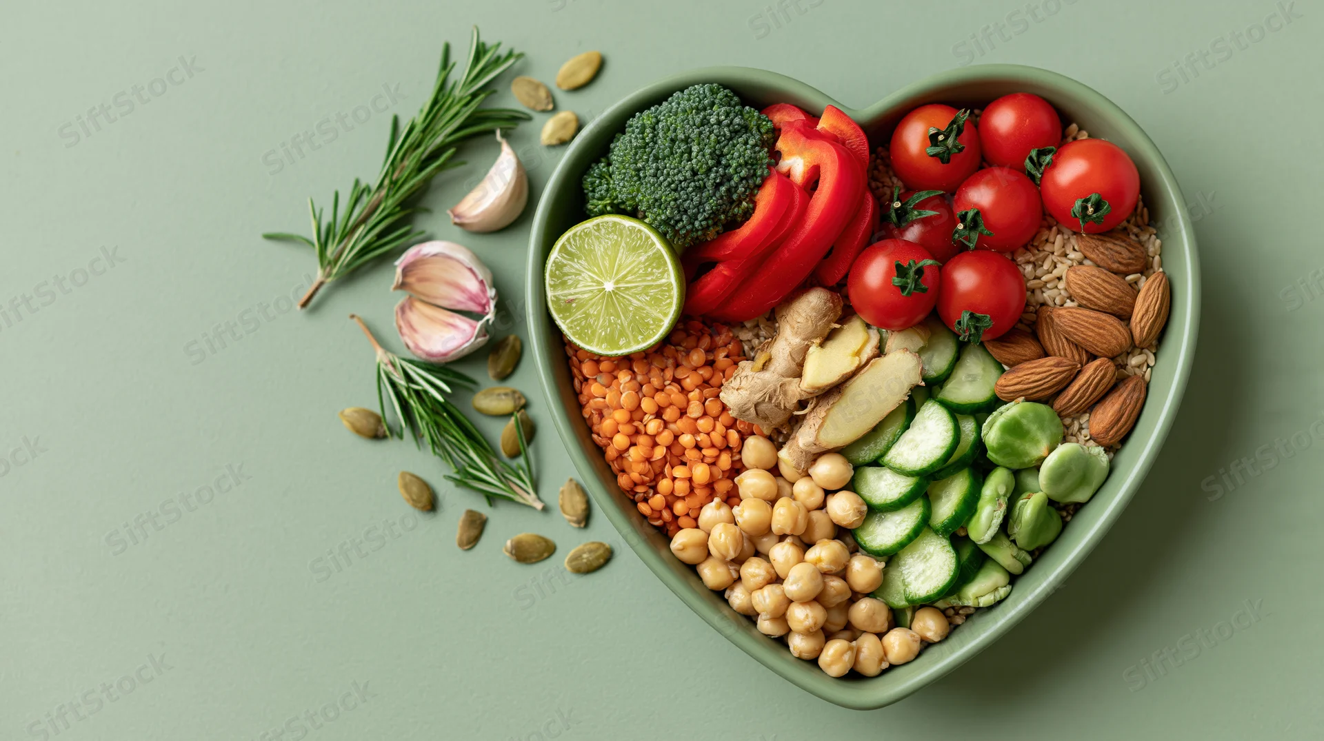 Heart-shaped bowl filled with colorful vegetables and grains on a green surface