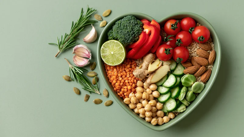 Heart-shaped bowl filled with colorful vegetables and grains on a green surface