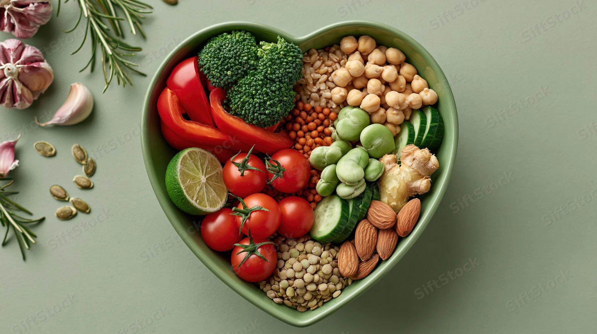 Heart-shaped bowl filled with fresh vegetables and grains on a green surface