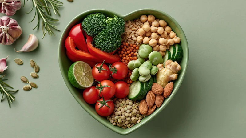 Heart-shaped bowl filled with fresh vegetables and grains on a green surface