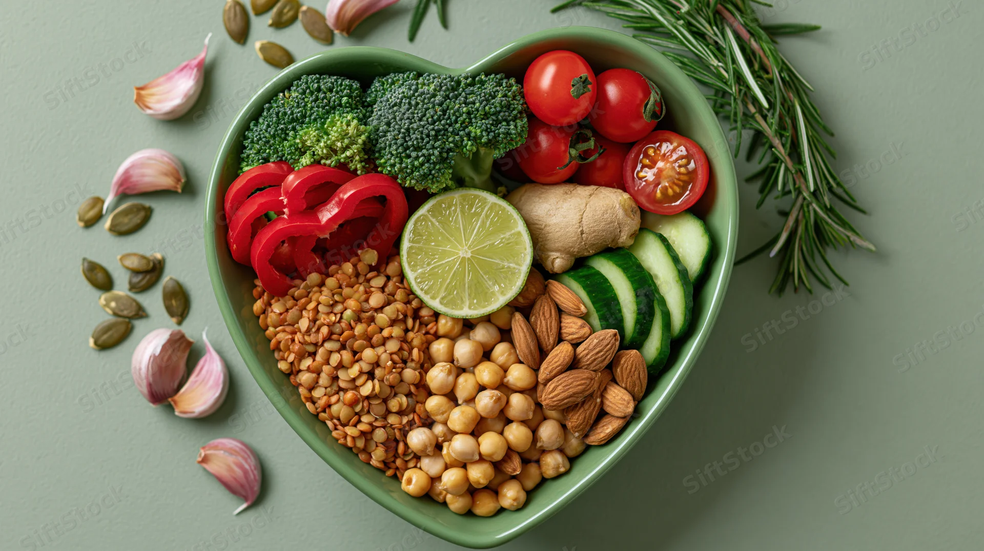 Heart-shaped bowl filled with vegetables grains and nuts on green surface