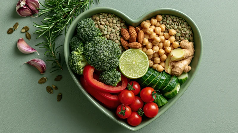 Heart-shaped bowl filled with colorful vegetables and legumes arranged on a green surface