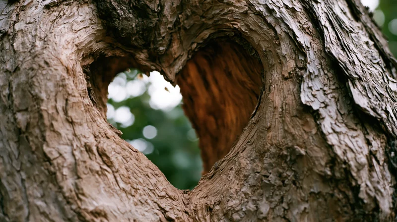 Heart-shaped hollow in a weathered tree trunk closeup