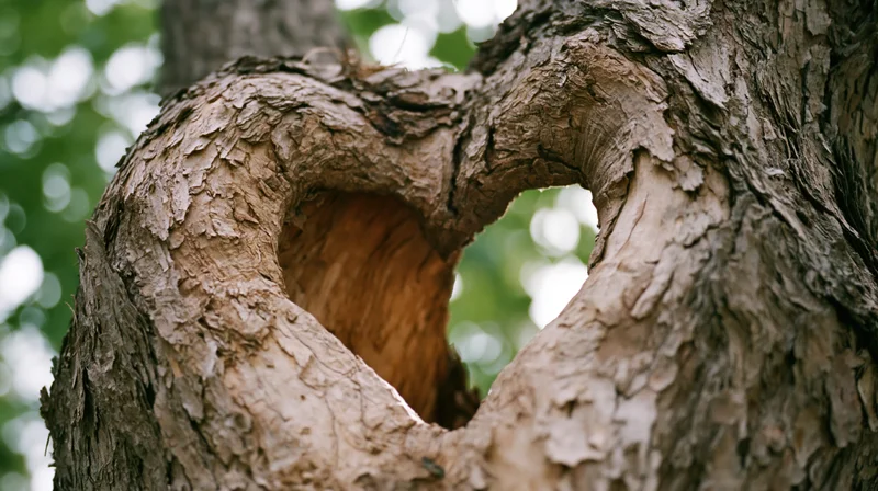 Close-up of a heart-shaped hollow in a weathered tree trunk outdoors