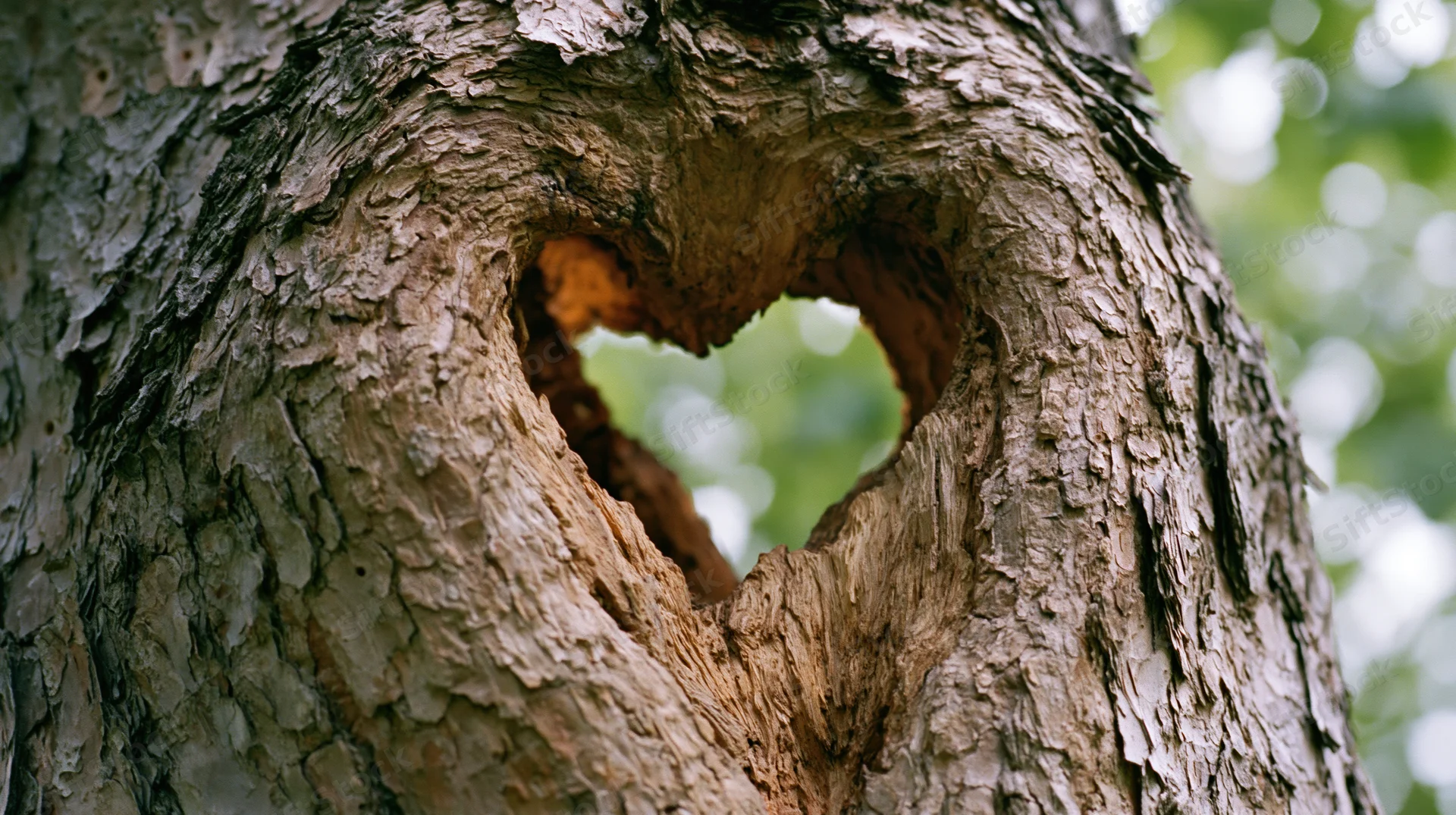 Close-up of a heart-shaped hollow in a rough tree trunk with green foliage visible through it