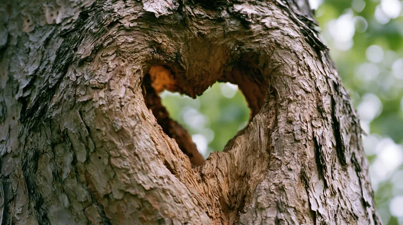 Close-up of a heart-shaped hollow in a rough tree trunk with green foliage visible through it