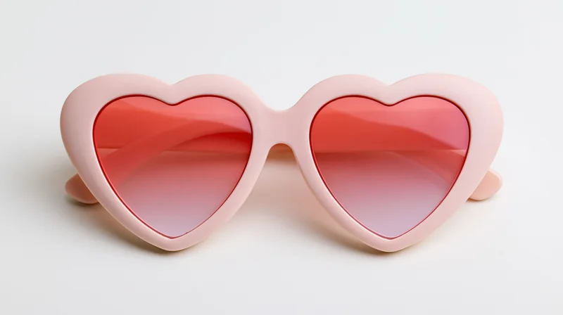 Heart-shaped sunglasses with pink plastic frames on white background