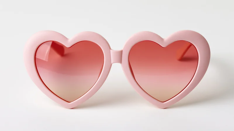 Heart-shaped novelty sunglasses with pink plastic frames on white background