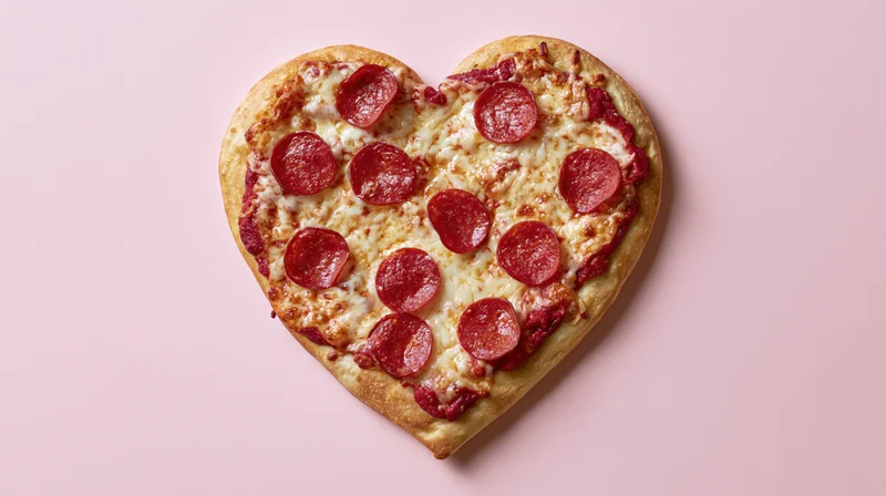 Heart-shaped pepperoni pizza with melted cheese and tomato sauce on pink background