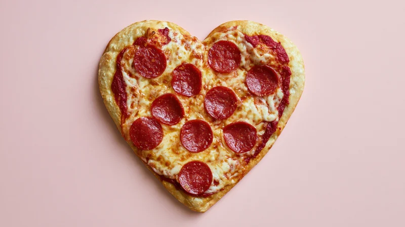 Heart-shaped pepperoni pizza with melted mozzarella on pink background