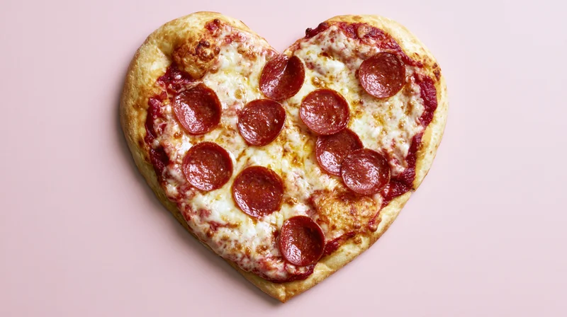 Heart-shaped pepperoni pizza with melted mozzarella on pink background
