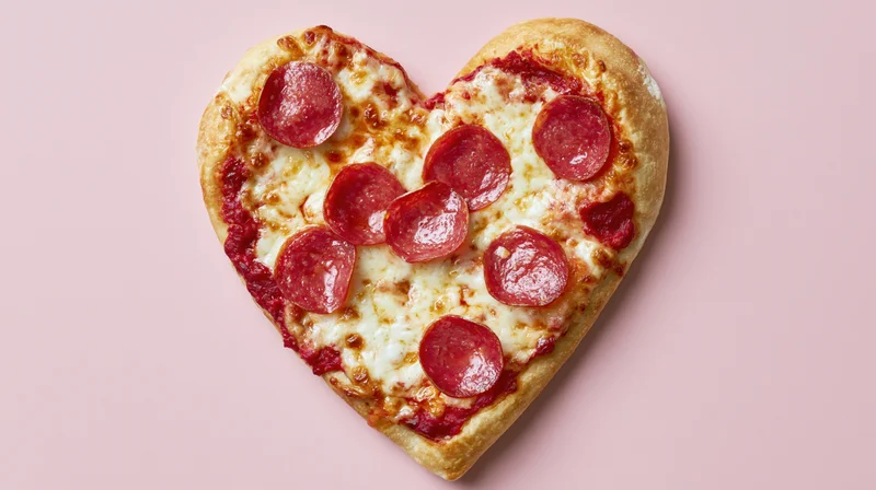 Heart-shaped pepperoni pizza with melted mozzarella on pink background