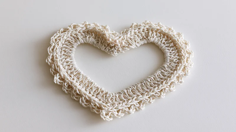 Crocheted heart-shaped lace frame with pearl beads on white surface