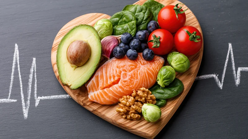 Heart-shaped wooden board with salmon, avocado, vegetables and nuts arranged for heart health