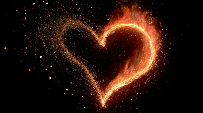 Heart shape formed by fire and glowing embers against a black background
