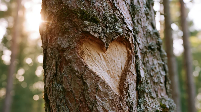 Heart carved into tree bark in a sunlit forest close-up