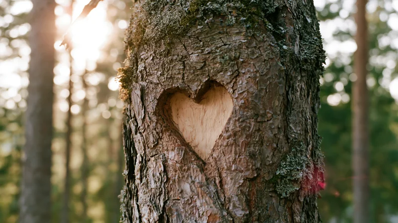 Heart carved into rough tree bark in a sunlit forest